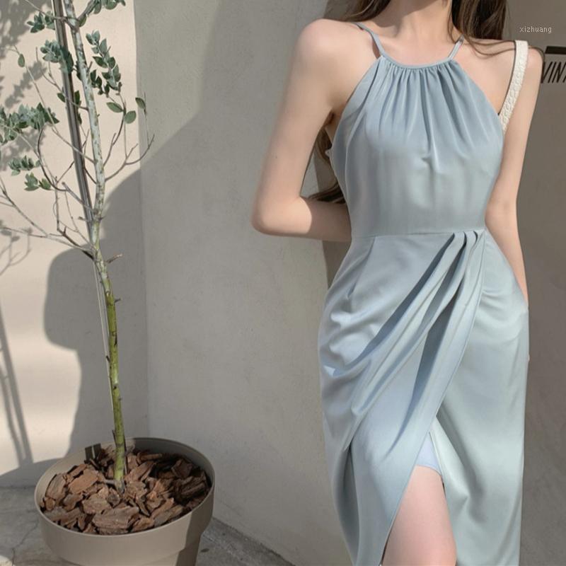 

Casual Dresses Women 2021 Vintage Elegant Dress Female Chiffon Camisole One Piece Korean High Waist Club Evening Party Slim Strap, Blue
