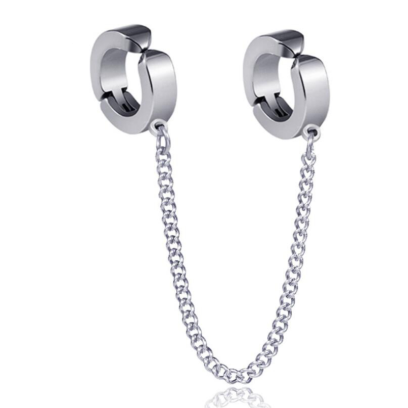 

Personality sliver Titanium Steel Men ear chain Double pierced eardrop clip dangle Earrings fashion jewelry for women