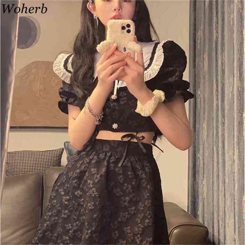 

Vintage Two Pieces Set Crop Blouse Floral Print + Mini High Waist Pencil Skirts Summer Harajuku Streetwear Outfits 210519, Black top only
