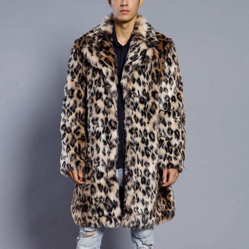 

Men' Fur & Faux Mens Leopard Coat Winter Outwear Thick Men Casual Parka Jackets Long Leather Warm Overcoats Genuine Brand Clothing