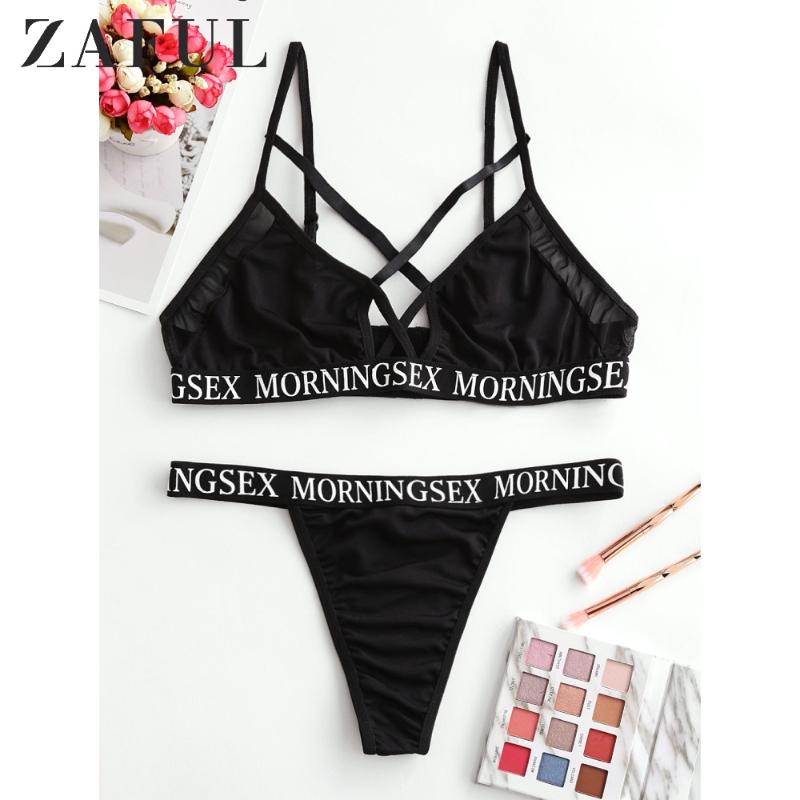 

Bras Sets ZAFUL Mesh Panel Morningsex Graphic Strappy Bra Set 3/4 Cup Adjusted-Straps Three Hook-And-Eye Panty Letter Lingerie, Black