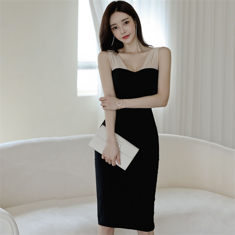 

SUmmer Sexy tight Dress korean ladies Summer SLeeveless V neck Office Party SHeath Dresses for women clothing 210602, Black