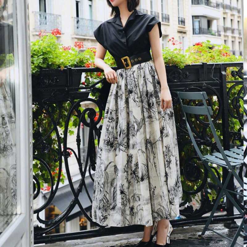 

HIGH QUALITY est Fashion Runway Suit Sets Women's Batwing Sleeve Black Blouse Ink Paiting Print Long Skirt 210526, Mixed color