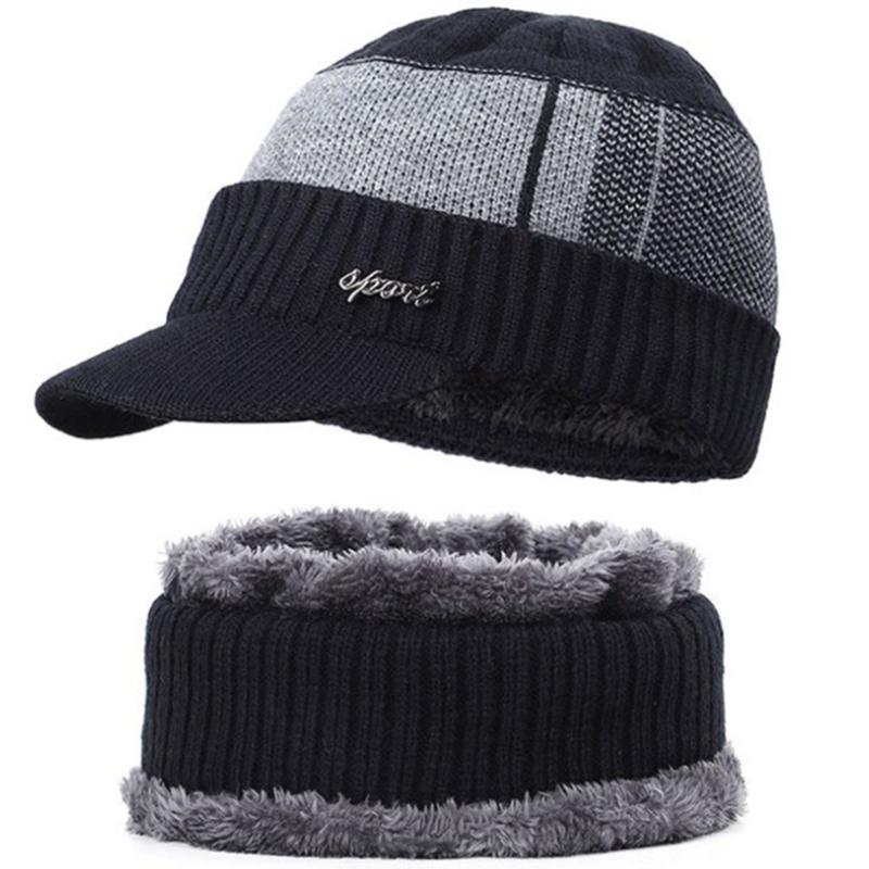 

Beanies 2021 High Quality Winter Knit Beanie Scarf 2 Pieces Set Thick Lining Plus Velvet Men's Visor Hat Warm Dad Cap Soft