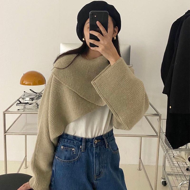 

Women's Sweaters 2021 Fashion Knitted Crop Tops Female Front Cross Solid Vintage Blouses 1598, Gray