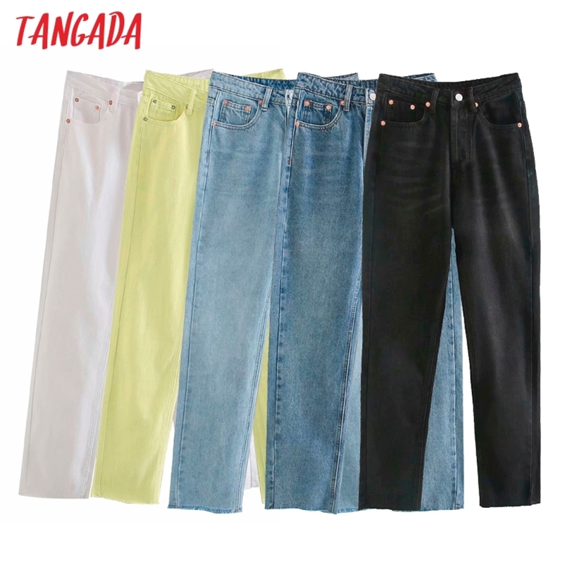 

Tangada Summer Fashion Women Yellow White Jeans Pants Long Trousers 5 Color Pockets Buttons Female 4M01 210629, Black
