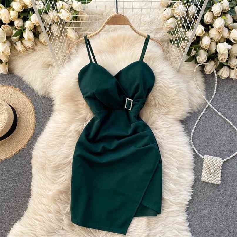 

Korean Chic Women Mini Party Dress Solid Elegant Spaghetti Strap Sleeveless Summer Sexy V-neck Slim Club Vestidos 210603, Black