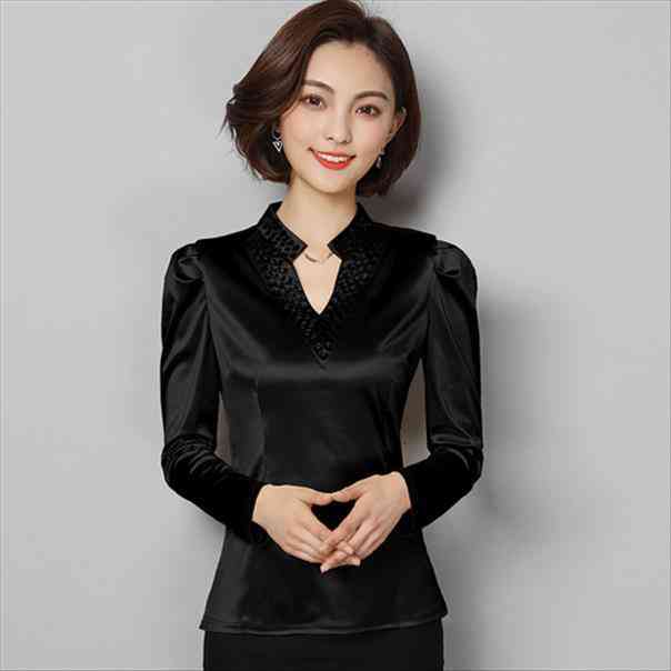 

Women Silk Satin Blouse V-neck Diamonds Long Sleeve Shirts Ladies Office Work Elegant Top High Quality Blouses 3xl, White