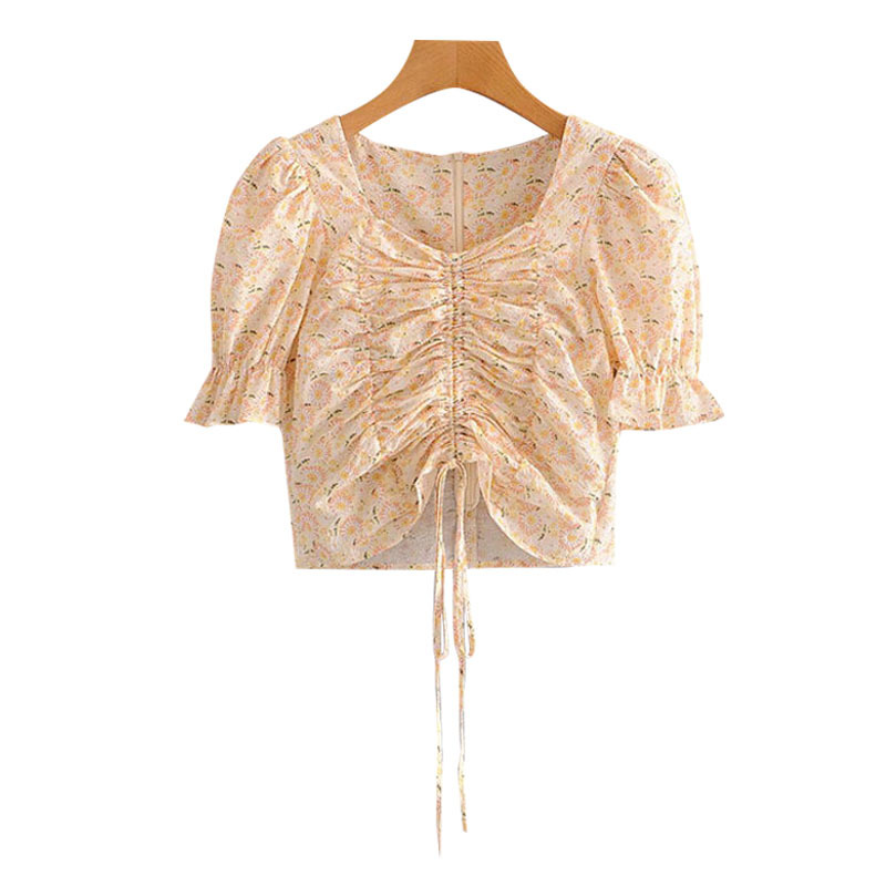 

Women Fashion Floral Print Lace-up Cropped Blouses Vintage Short Sleeve Back Zipper Female Shirts Blusa Chic Tops 210521, As picture