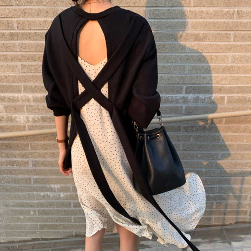 

Spring and Autumn Fashion Korean Pullover Sweater Wide Truffle Back Tie Bottomer Casual Plus Size Womens Hoodies 210615, Black