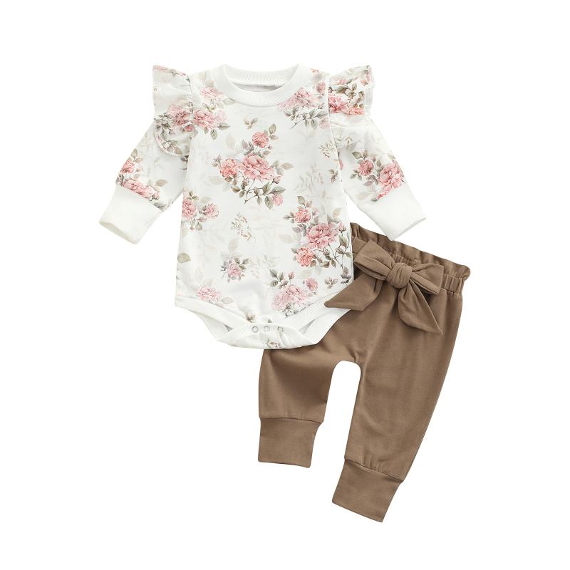 

Clothing Sets 2 Pcs Born Casual Outfits, Baby Girls Floral Sleeve Round Neck Bodysuit + Solid Color Trousers With Bow Khaki, White