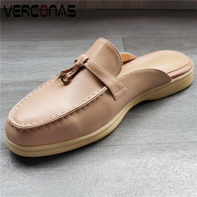 

Fashion Mules Woman Sandals Women Pumps Metal Decoration Genuine Leather Summer Round Toe Square Heels Shoes, Black