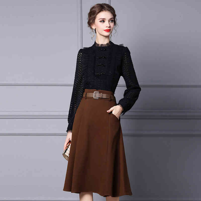 

Women' Two Piece Pants Zhili winter suit women fashion, foreign style, thin lace top, high waist long skirt, two-piece set T6HE, Black