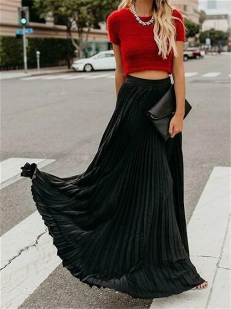 

Skirts 2021 Women Retro Stretch High Waist Solid Flared Pleated Swing Long Maxi Skirt, Gray