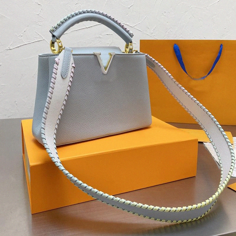 

Women Fashion Handbag Crossbody Bags Shoulder Tote Bag Litchee Pattern Genuine Leather Braided Bicolor Strap Capucines bb pm mini Handbags Purse K15u#