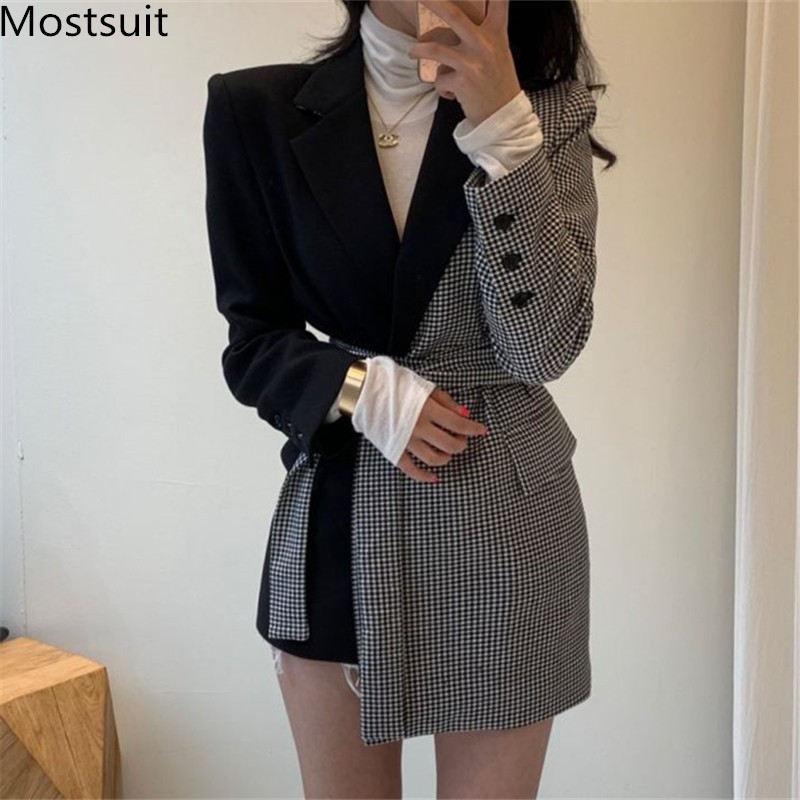

Color-blocked Plaid Belted Women Blazer Suit Coat Spring Full Sleeve Notched Collar Single-breasted Korean Jacket Tops 210518, Black