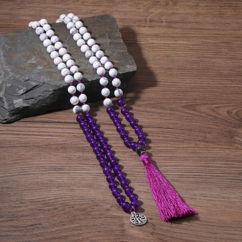 

Pendant Necklaces OAIITE Natural Stones White Turquoise Meditation 108 Mala Beads Necklace Jewelry Amethysts Yoga Bohemian Tassel Lariat, Silver