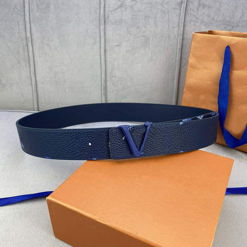 

Mens Shape 40MM Reversible Belt Fashion Designer Belts Men Waistband Ink Watercolor Letter Buckle Genuine Leather Ceinture Girdle Blue, 4.0cm