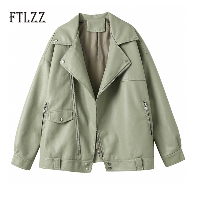 

Pvc Jacket Women Big Size Loose Leather Coat Autumn Turn Down Collar Zipper Outwear Ladies Biker Moto Puffer 210525