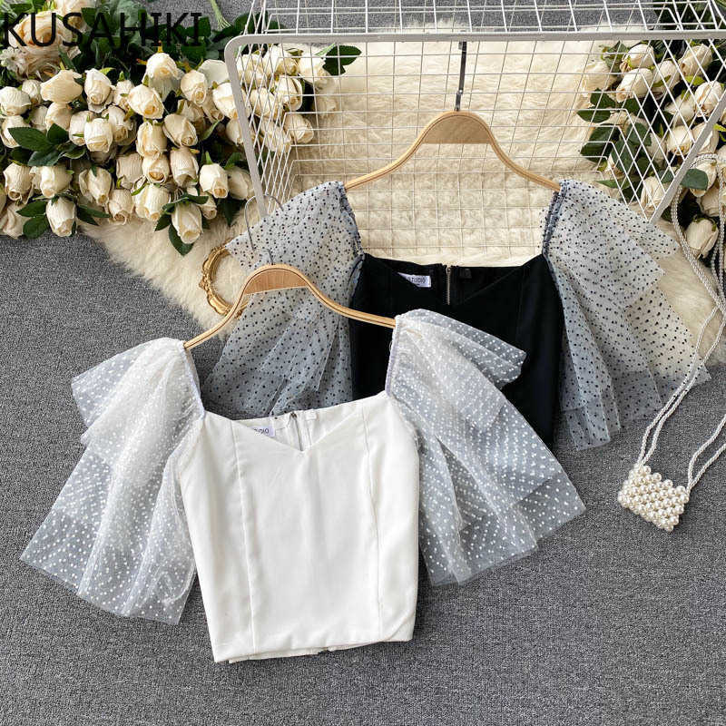 

Sexy Slim Short Blouse Tops Dot Mesh Sleeve Women Shirt Summer Square Collar Blusas Mujer De Moda 6G330 210603, Black