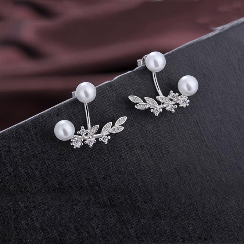 

Stud Leaf Twig With Pearl Earring For Women Girl Lady Fine Jewelry Gift S925 Silver Zircon, Golden;silver