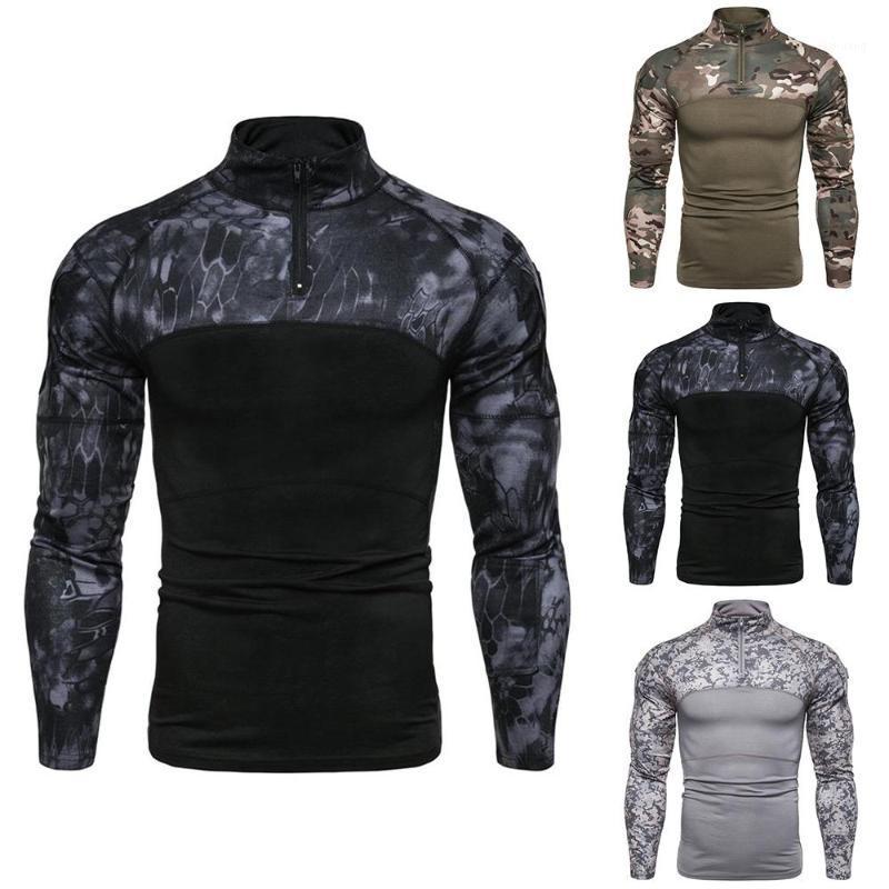 

Men's T-Shirts Zipper Men Camouflage Printed Patchwork Fitness Tops Outdoor Male Long Sleeve Shirts, Black