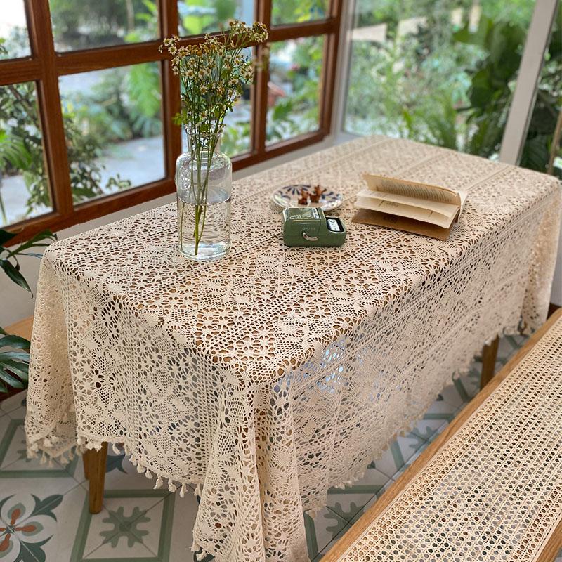 

Table Cloth Elegant Beige Covers Nordic Pastoral Lace Tablecloth Crochet Square Tablecloths Dining Napkins Round Tassels Z
