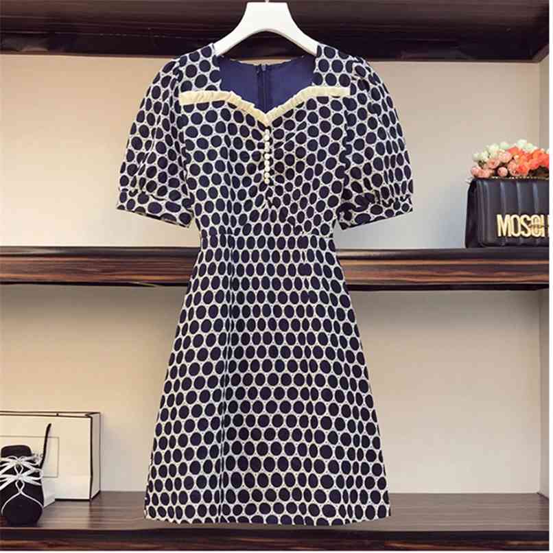 

Temperament Square collar Sweet Puff sleeve High waist Mini Dress for Women Embroidered Polka Dot Crochet Ruffles Female 210602, Navy blue