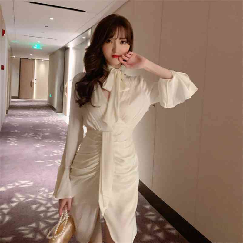 

Fall French Long Sleeve Dress Office Lady Sheath Zippers Knee-Length Regular Solid Full 210603, Light yellow