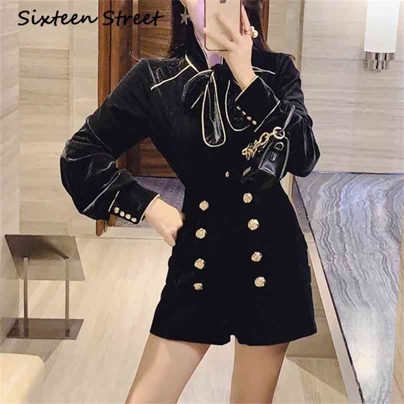 

Autumn 2 Piece Set Woman Bow Collar Single-breasted Tops ans shorts female fashion design black solid pants sets 210603