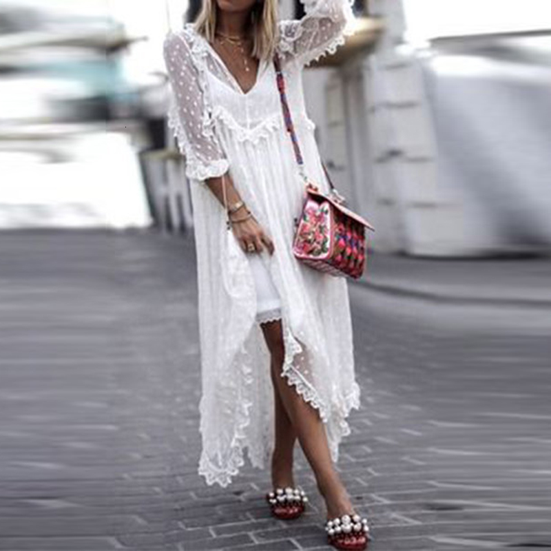 

Casual Dresses 2021 Summer Sexy V-Neck Women Beach Long Elegant Mesh Lace Party Spring Sleeve Loose Maxi Vestidos IFOS, White