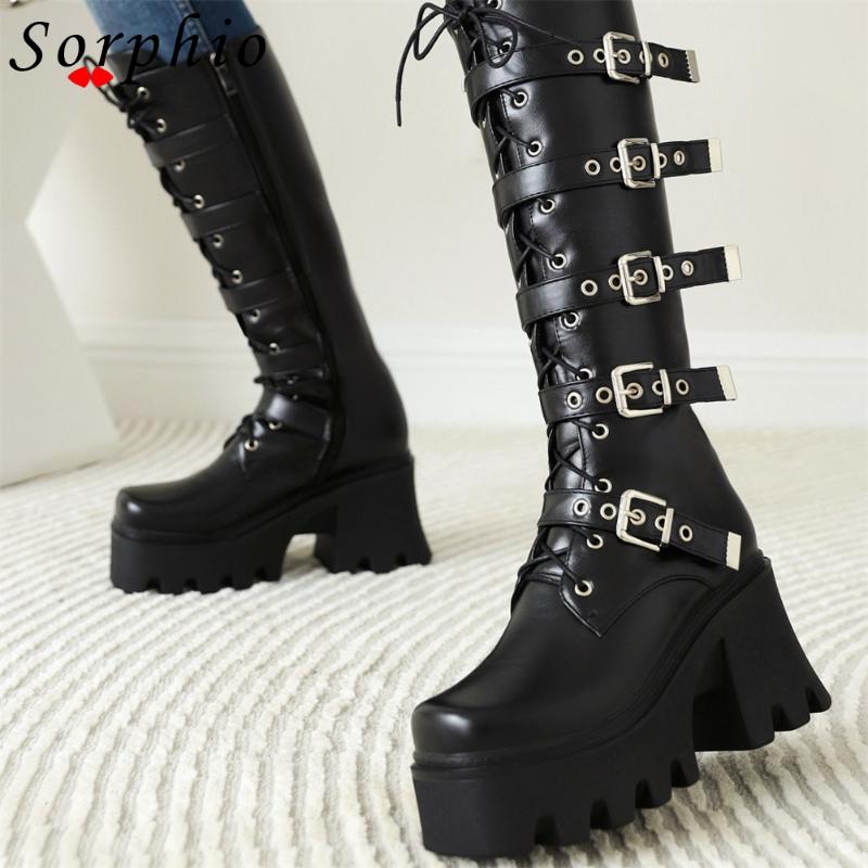 

Boots Female For Women Autumn Lace Up Buckle Strap Round Toe Goth Fashion Chunky Heel Med Calf Women's Shoes Zipper Design, Black