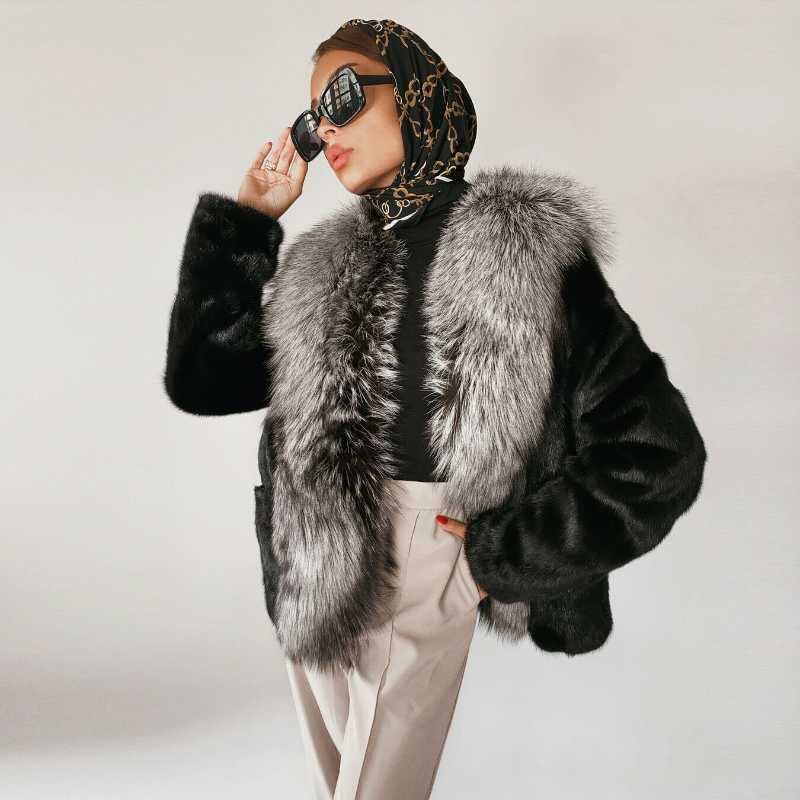 

Women's Fur & Faux Natural Mink Jacket With Silver Lapel Collar 2021 Trendy Winter Full Pelt Genuine Coat Female Outwear, Black
