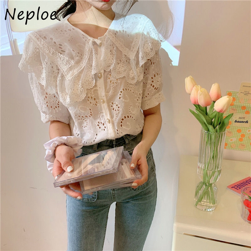 

Neploe Lace Embroidery Blouse Women French Hollow Out Peter Pan Collar Blusa Shirts Summer 2021 Elegant Short Sleeve Female Top, White