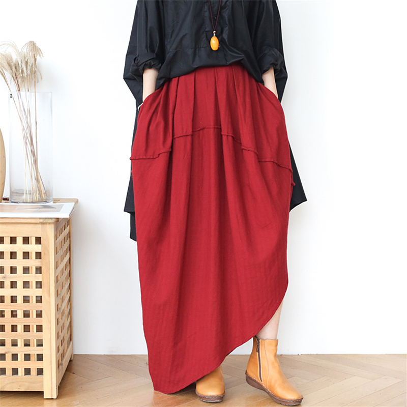 

Johnature Women Cotton Linen Irregular Skirts Patchwork Elastic Waist Spring Solid Color Vintage Women Casual Skirts 210521, Black