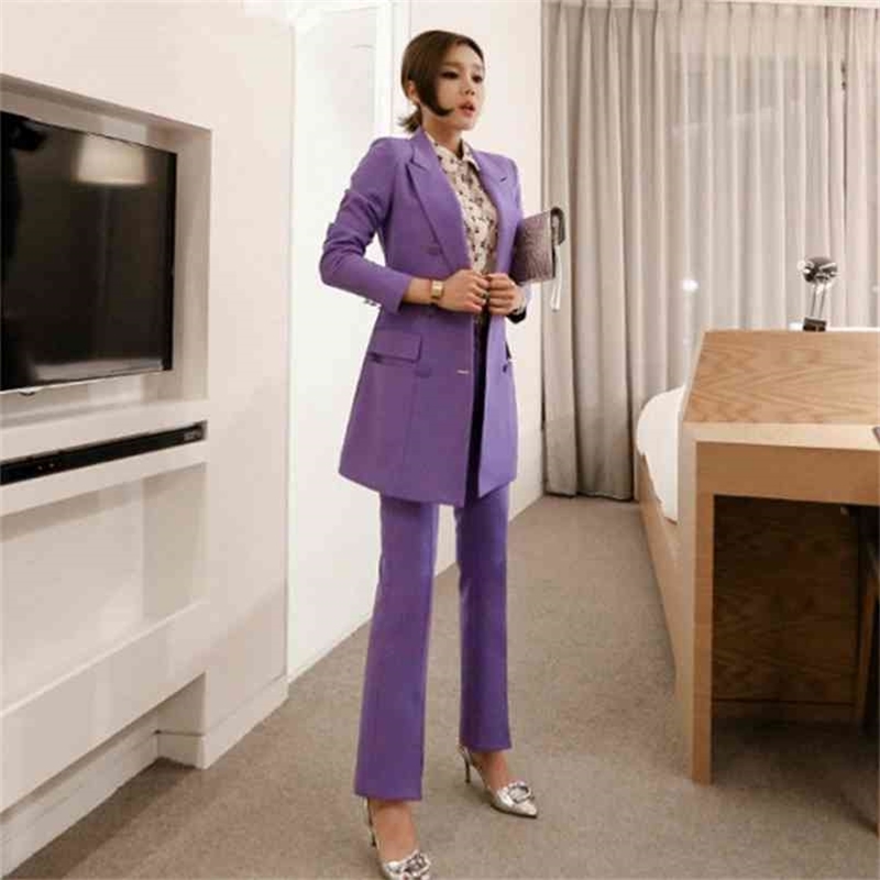 

Korean High Quality Women Work Two Piece Set Business Formal Double-Breasted Long Blazer Coat & Slim OL Pant 210603, Claret
