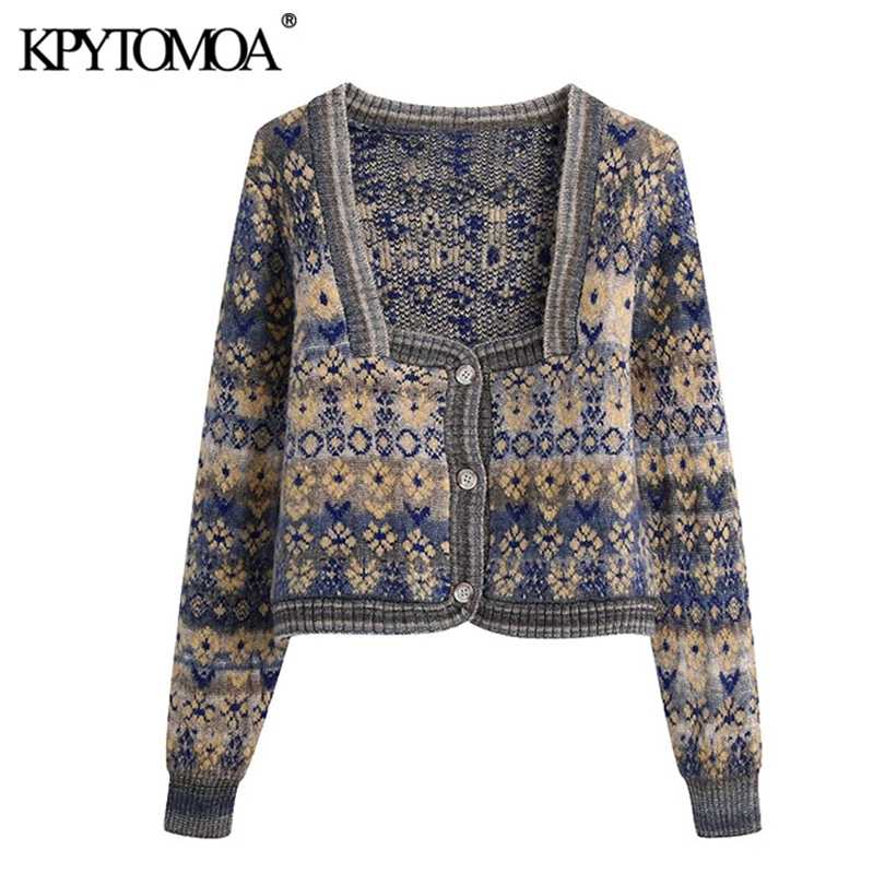 

KPYTOMOA Women Fashion Jacquard Cropped Knitted Cardigan Sweater Vintage Long Sleeve Button-up Female Outerwear Chic Tops 211018, As picture