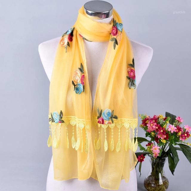 

Scarves Spring Summer Embroidery Floral Scarf Double Yarn Long Beach Shawl Female Lace Stitching Rose Flower Silk Sunscreen Wrap, Blue;gray