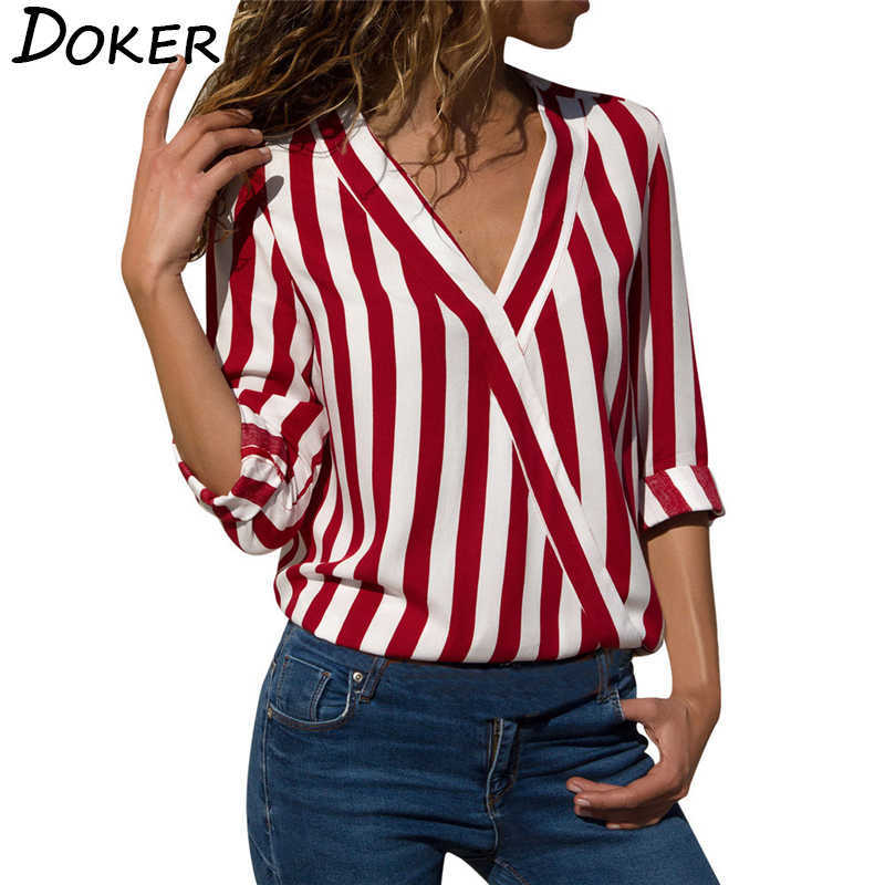 

Women Striped Blouse V-neck Long Sleeve Blouses Shirts Casual Tops Work Wear Chiffon Shirt Plus Size Blusas Mujer De Moda 210604, Blue