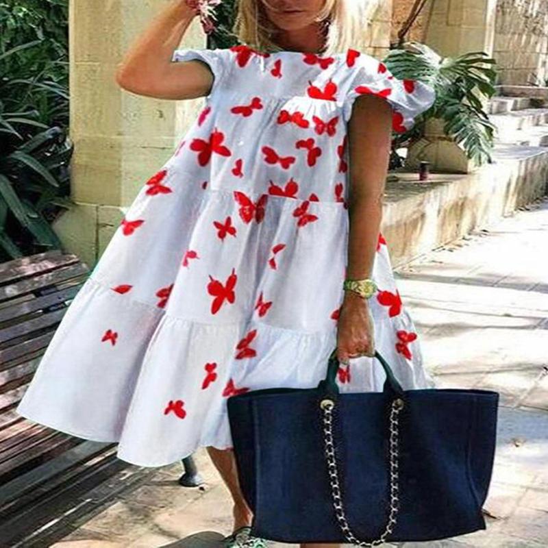 

Maternity Dresses Summer Vintage Loose Dress Women Casual Butterfly Print Large Hem Short Sleeve Ruffle Maxi Dress#30, Db