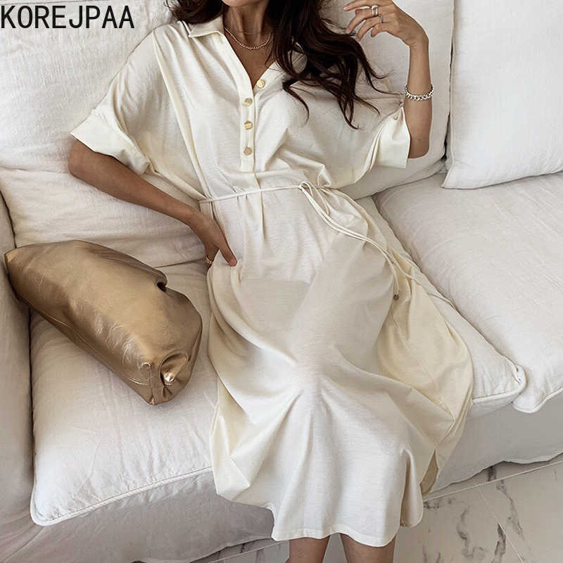 

Korejpaa Women Dress Summer Ladies French Elegant Lapel Metal Single-Breasted Lace-Up Waist Short-Sleeved Slit Vestidos 210526, White