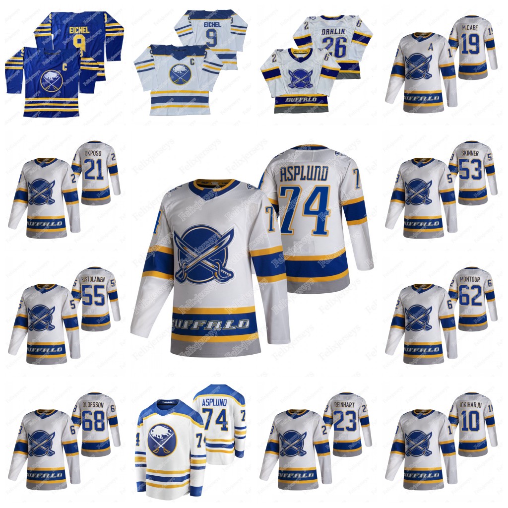 

Buffalo Sabres 2021 Reverse Retro Jersey 74 Rasmus Asplund 9 Jack Eichel (C) Rasmus Dahlin Sam Reinhart Anders Bjork Rasmus Ristolainen Jeff Skinner, Third jersey mens s-xxxl