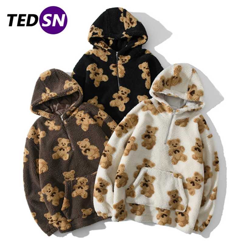 

TEDSN Hip Hop Lambswool Jacket Bear Print Pullover Hooded Hoodies Men Harajuku Streetwear Oversized Couple Coat Outwear Winter 211029, Style 1 coffee