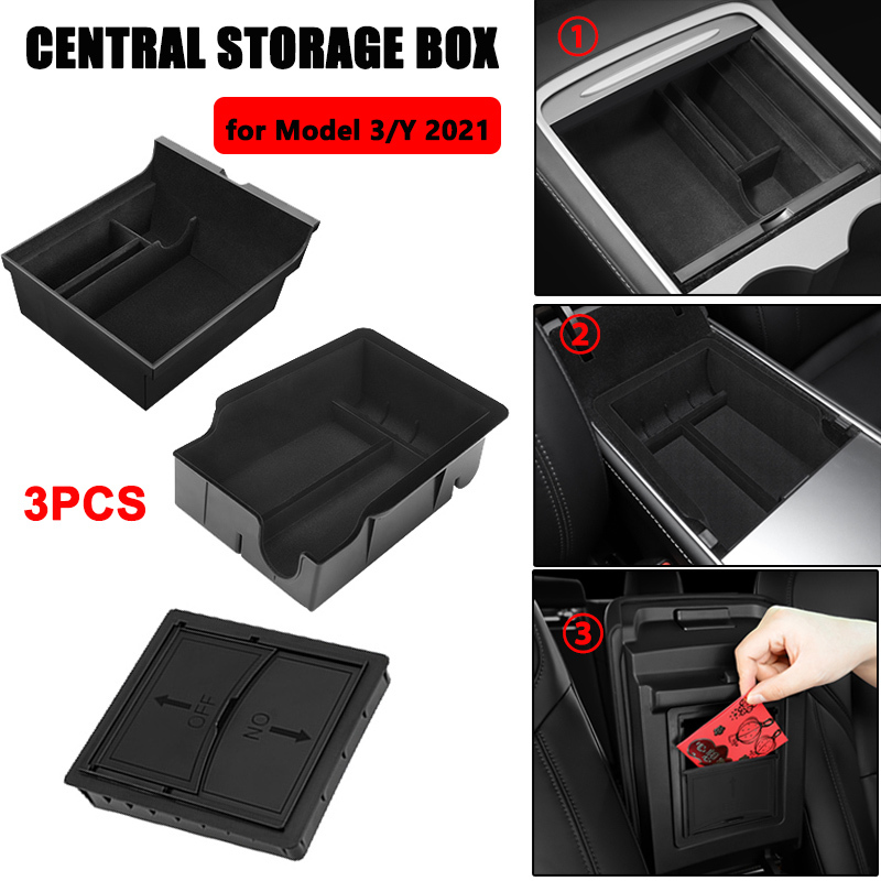 

For Tesla Model 3/Y 2021 Car Central Storage Box Armrest Organizer Container Flocking Console Tray Holder Interior Accessories