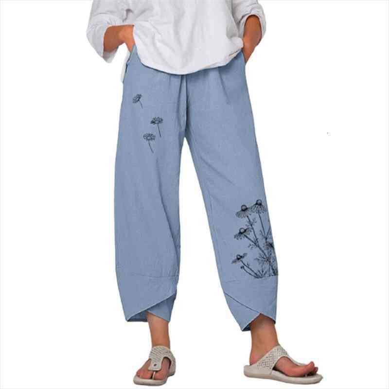 

spring summer cotton linen casual womens pants cute butterfly print elastic waist trousers loose beach wide leg plus size, Black;white