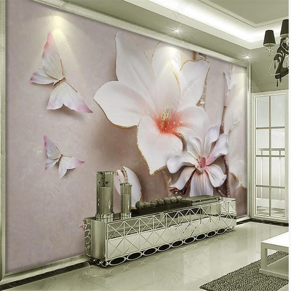

Fashion wallpaper simple and elegant 3D three-dimensional white magnolia relief background wall mural, Pink