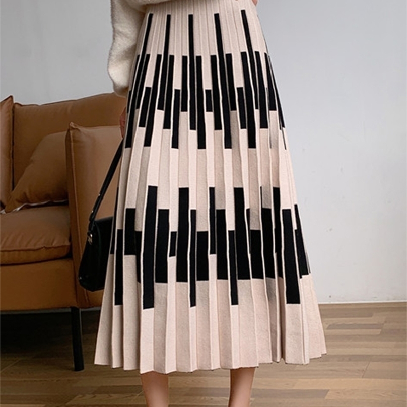 

TIGENA Soft Knitted Midi Skirt Women Fashion Autumn Winter Vintage Striped A Line High Waist Pleated Long Female 211109, Black
