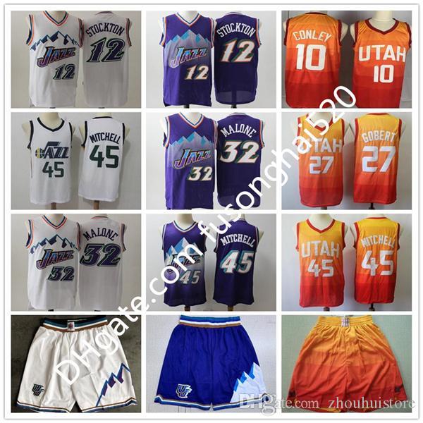 

men27 Gobert Donovan Mens 45 Mitchell Shorts John 12 Stockton Karl Shirts 32 Malone Pete 7 Maravich Embroidered Basketball Swingman Jerseys, Black;red