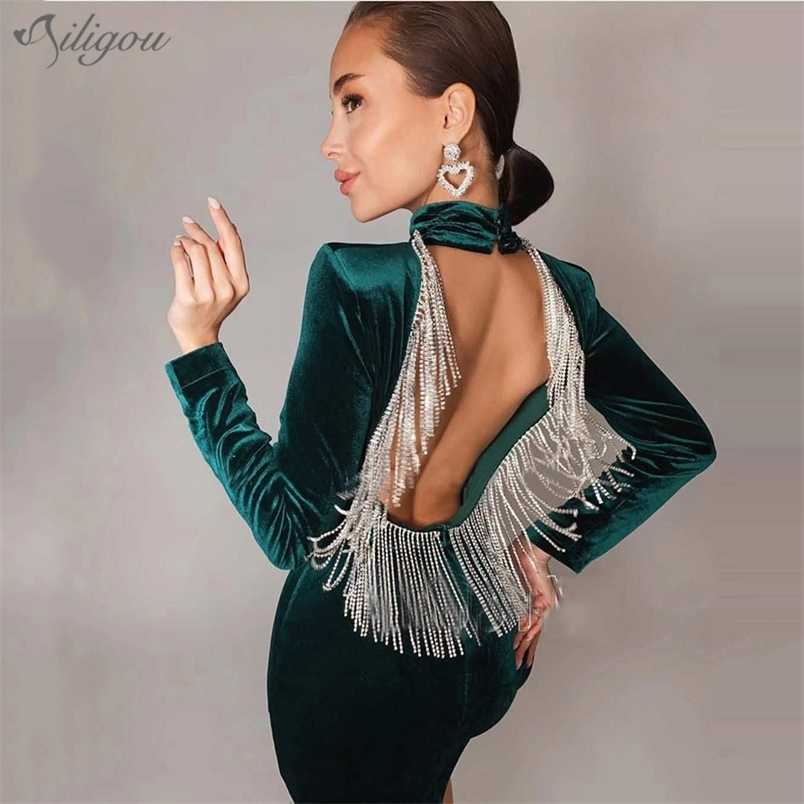 

Fashion Women'S Velvet Green Dress Open Back Sexy Tassel High Neck Skinny Mini Celebrity Party Vestidos 210525