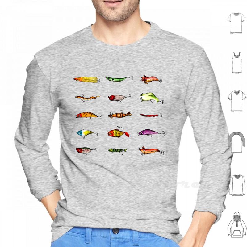 

Men's T-Shirts Lures Long Sleeve Cotton Fishing Fisherman Frog Squid Fish Pattern Watercolour Cute Pencil Eye Birthday Male Man Sport, White;black